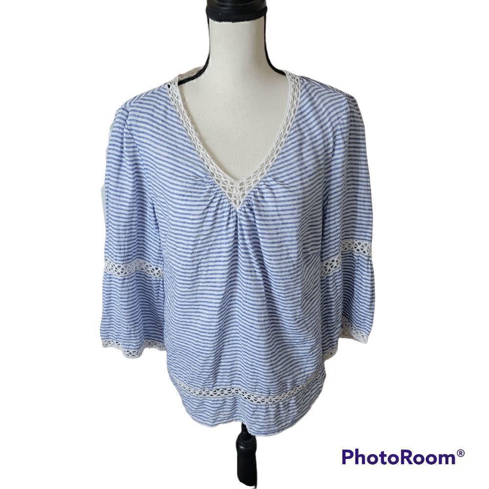 Chico's Linen Striped V-Neck with Bell Sleeves. Size 2.
